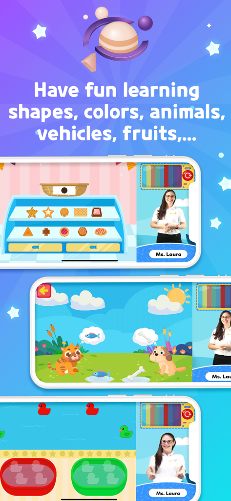 Interactive educational games for kids teaching shapes colors and animals with a teacher