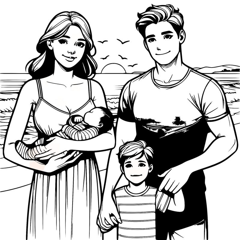 pic of women holding newborn baby boy next to the husband holding a three year old son all of them walking on a beach all realistic