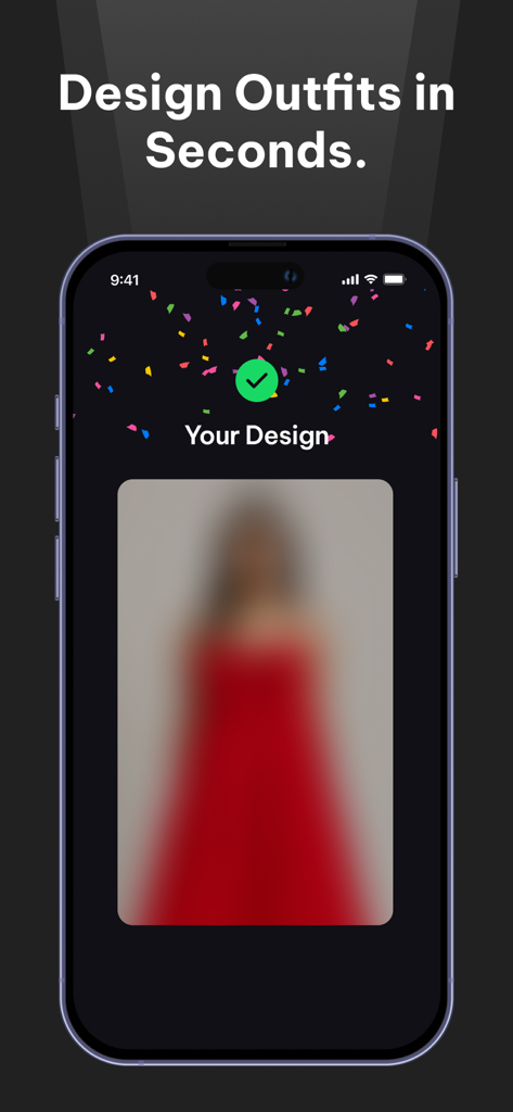 AI Fashion Designer Try-On - Catwalk AI app screen displaying a successfully designed red dress outfit