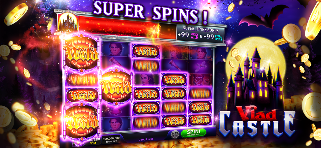 House of Slots - Casino Games - House of Slots Vlad Castle theme showing Super Spins bonus with vampire-themed slot reels and gold coins