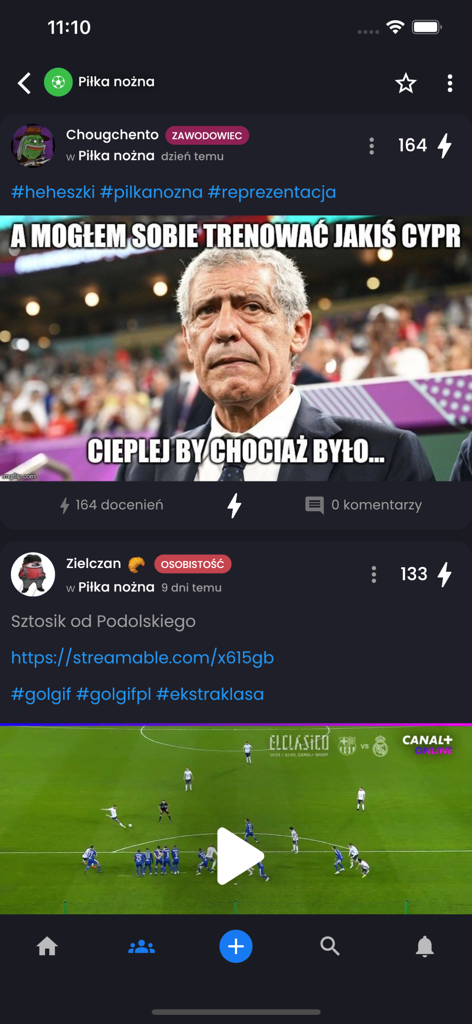 Hejto - Hejto mobile app screen showing a football community feed with sports memes and video posts