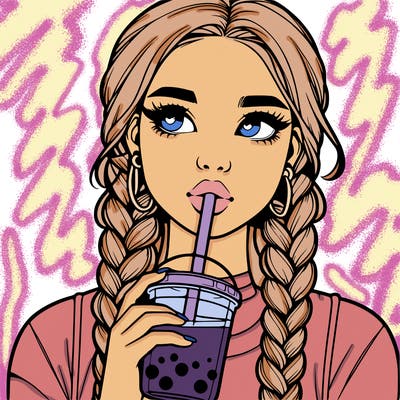 realistic girl with braided hair drinking boba