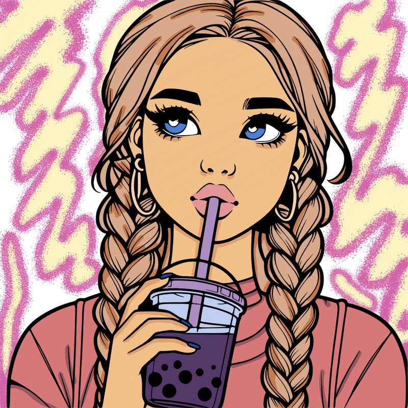 realistic girl with braided hair drinking boba