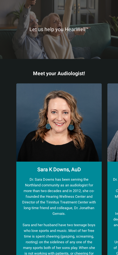 HearWell App interface displaying the professional profile of audiologist Sara K Downs