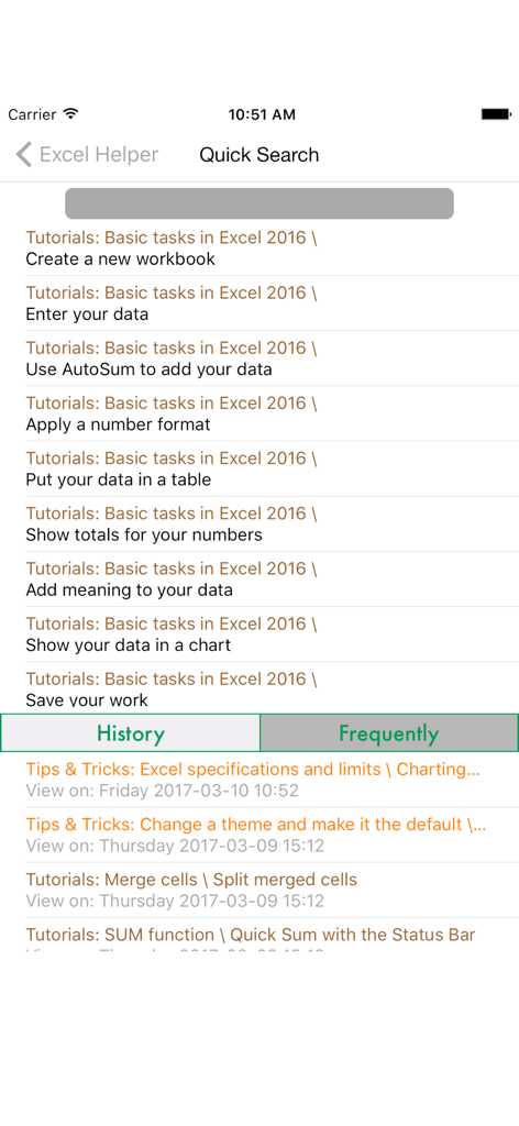 Tips, Tricks, Guide for excel - Quick search interface in Excel guide app displaying tutorial list and history