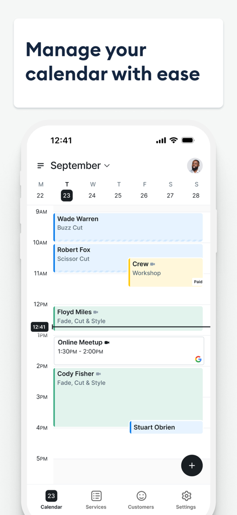 Setmore Appointment Scheduling - Setmoreアプリのモバイルインターフェース。ヘアカットやワークショップなどのサービスに対する複数の予約がある日次カレンダーを表示しています。