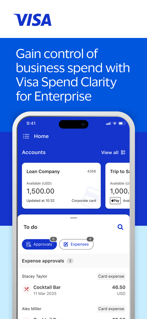 Spend Clarity Enterprise - Visa Spend Clarity Enterprise app dashboard showing business accounts and expense approvals