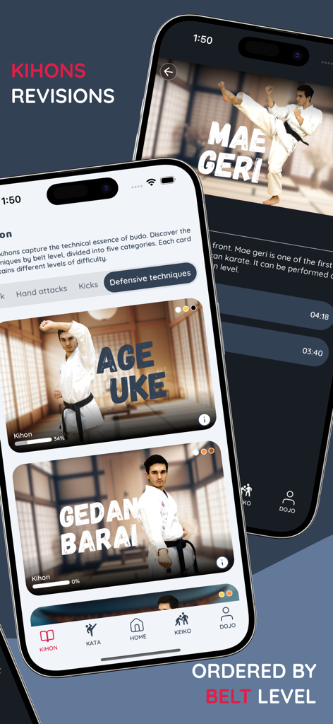 Karate Sensei, Video learning - Karate Sensei app interface showing kihon revision techniques and video lessons organized by belt level