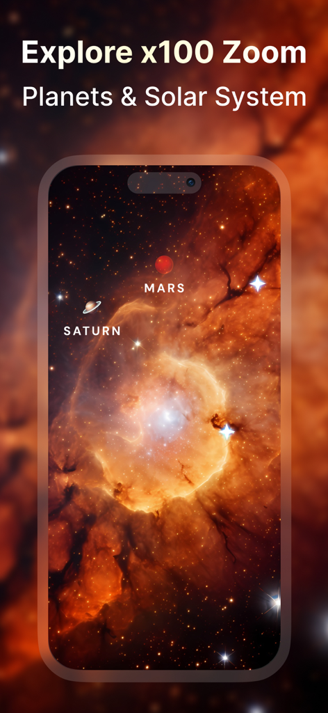 Star Gazer app interface showing a 100x zoom on planets Mars and Saturn against a glowing nebula background