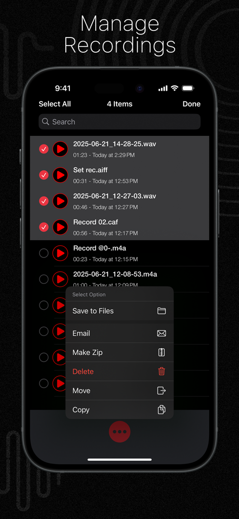 Audio Recorder Pro and Editor - Tela Gerenciar Gravações no aplicativo Gravador de Áudio Pro mostrando seleção de arquivos e menu de gerenciamento.
