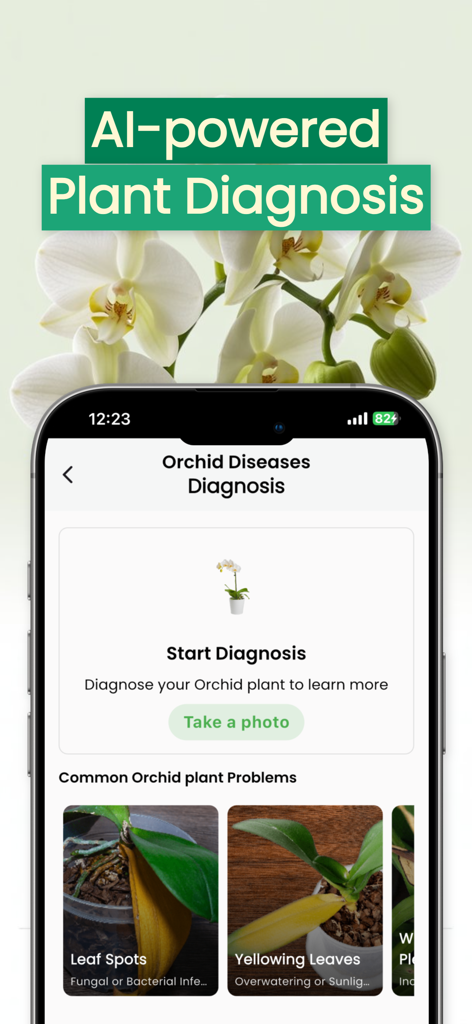 Orchid Care - Plant identifier - Orchid Care app interface showing the AI powered plant disease diagnosis feature with options to take a photo or view common orchid problems like yellowing leaves.
