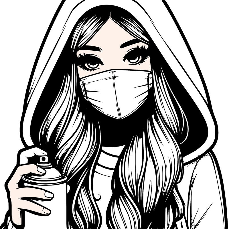 girl wearing a mask with long hair with her hood up spray-painting realistic
