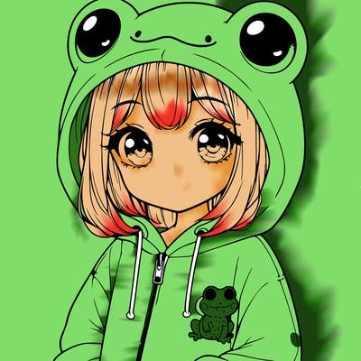 cute realistic girl in a froggy hoodie
