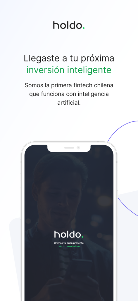 Holdo app splash screen with the slogan for smart investment in Spanish
