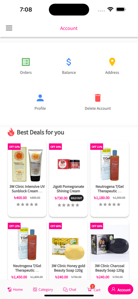 Skinplus - The Skinplus mobile app account screen showing user options and a best deals section with skincare products