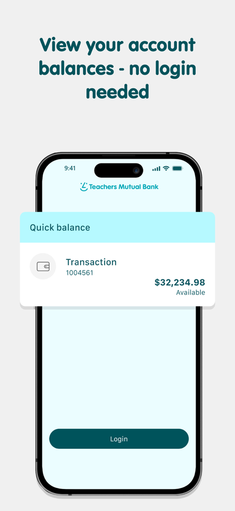 TMBank - Teachers Mutual Bank app showing the Quick Balance feature to view account balances without logging in