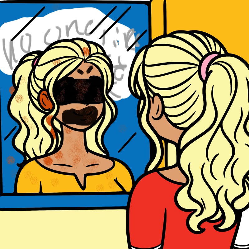 a woman looks at her reflection in the mirror
