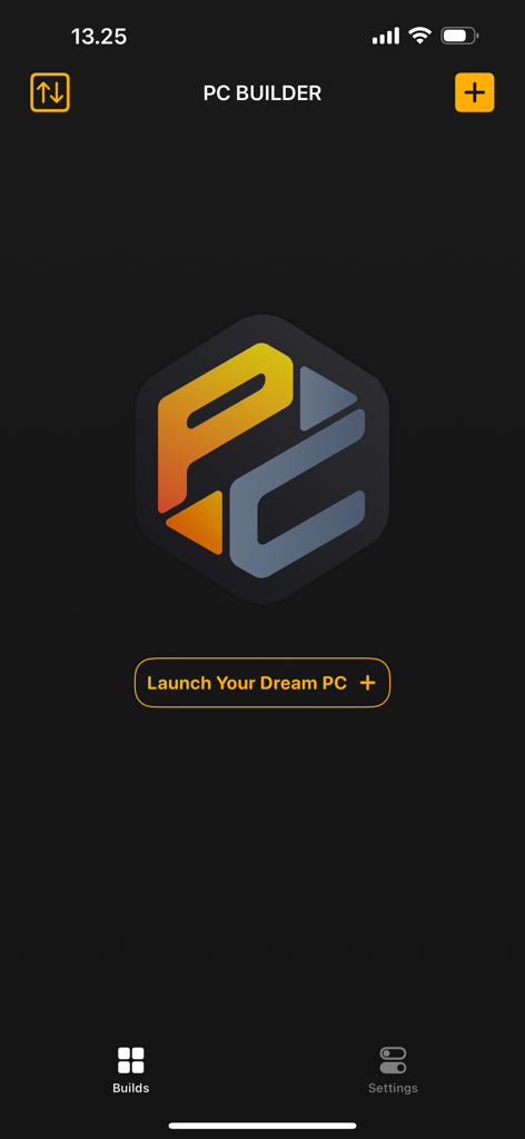 PC Builder: Part picker - Schermata home dell'app PC Builder con un pulsante per avviare il tuo PC da sogno e un logo stilizzato