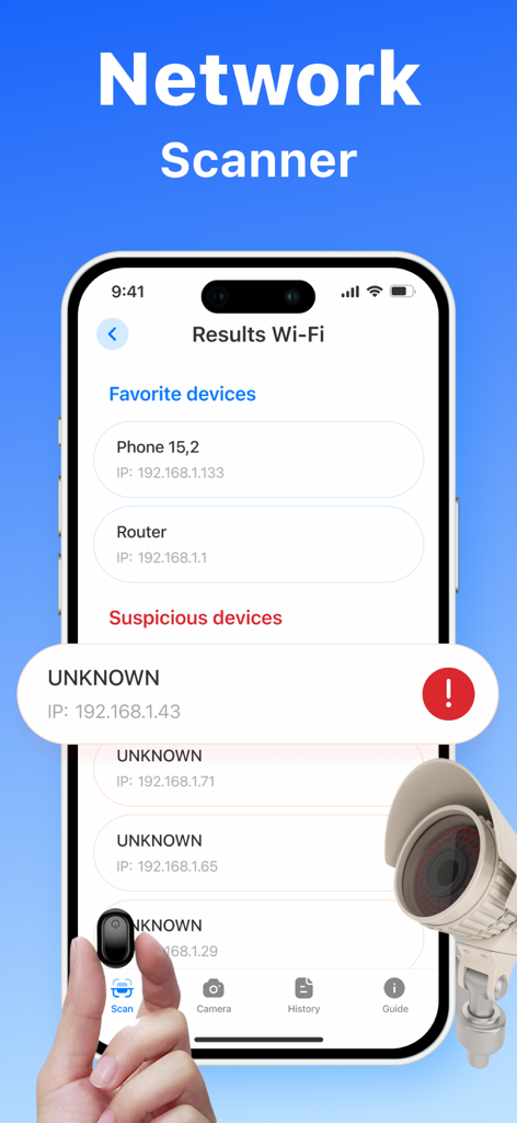 Hidden Spy Camera Detector App - 숨겨진 몰래카메라 탐지 앱의 네트워크 스캐너 인터페이스가 로컬 네트워크에서 의심스러운 장치를 식별하는 것을 보여줌
