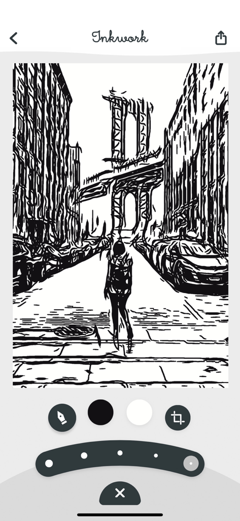 Inkwork - Interface of the Inkwork mobile app displaying a photo transformed into a black and white ink sketch of a city street with editing tools.