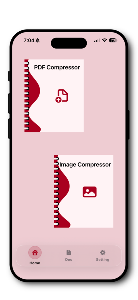 PDFおよび画像圧縮オプションが表示されたiPhone上のPDF圧縮アプリのホーム画面。