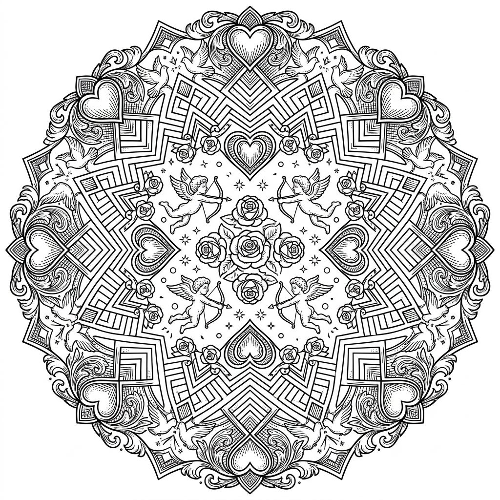 Mandala Patterns: Valentine's Woodcut Coloring Page — Color Pop