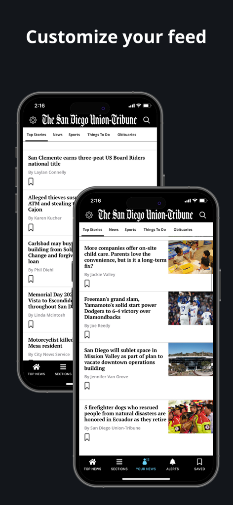 The San Diego Union-Tribune mobile app interface displaying a customized news feed.