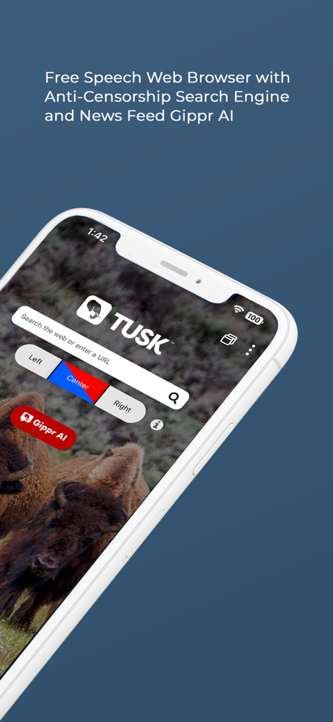TUSK Search app home screen featuring anti-censorship search filters and Gippr AI button