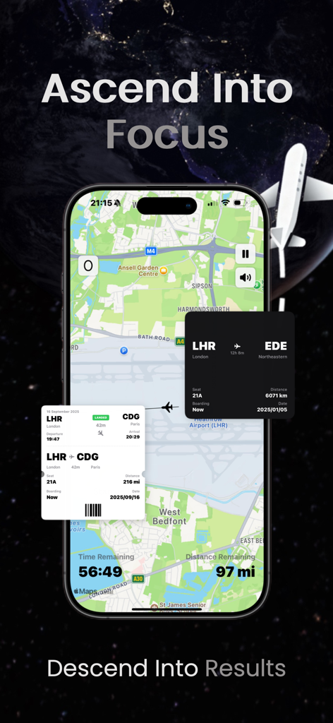 Fly Focus - 스마트폰 화면에 비행 지도와 사용자가 집중하도록 돕는 가상 탑승권이 있는 Fly Focus 앱이 표시됩니다.