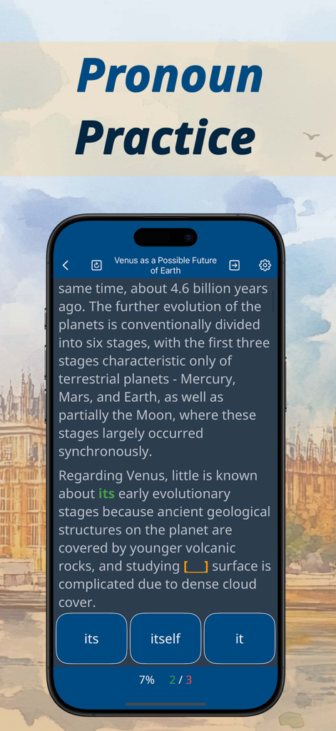 Speak English: Learn Pronouns - Interface of the Speak English app showing a pronoun practice exercise with a reading passage and multiple choice options