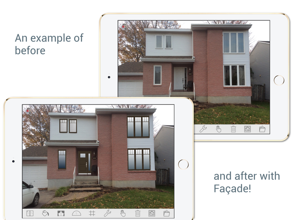 Façade Studio - Before and after comparison of a home exterior renovation using Facade Studio on an iPad