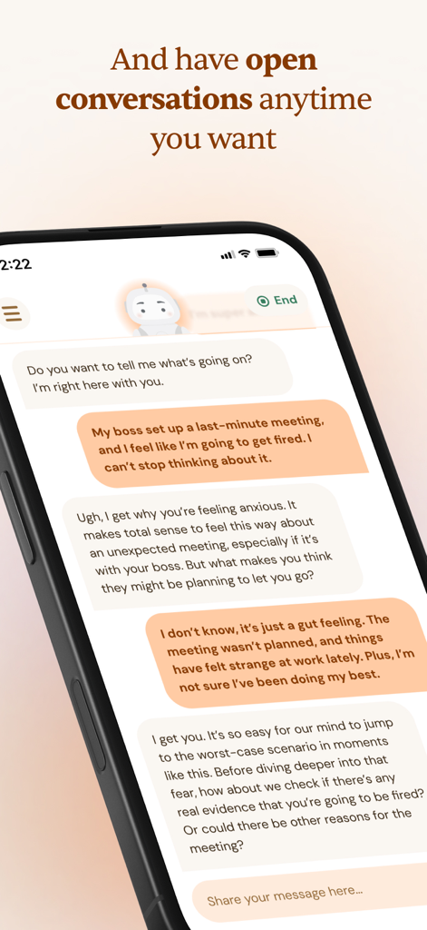 Smartphone affichant une conversation de soutien avec le chatbot IA Yana sur l'anxiété.