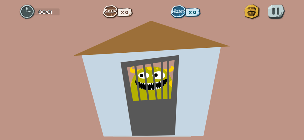 A green cartoon monster with sharp teeth behind bars in a house puzzle level