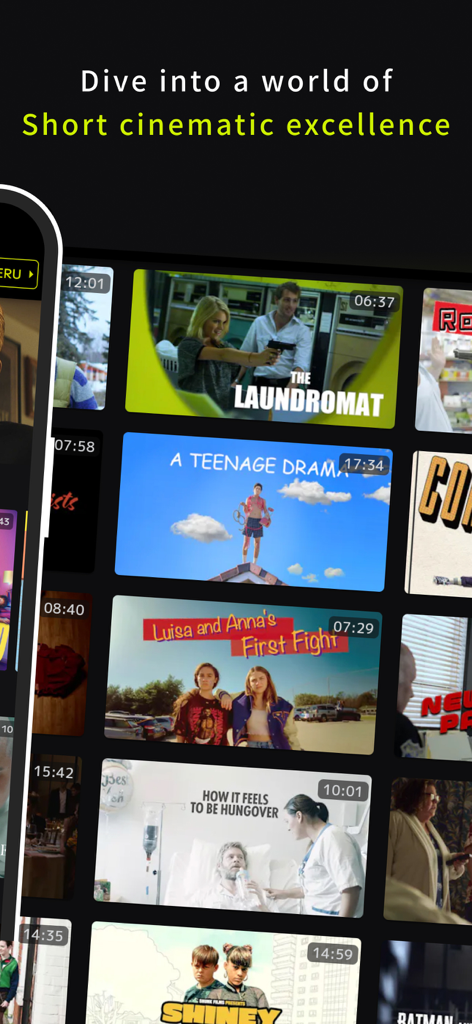 SAMANSA - Watch Short Films - A gallery of short film thumbnails on the SAMANSA app displaying cinematic content with durations