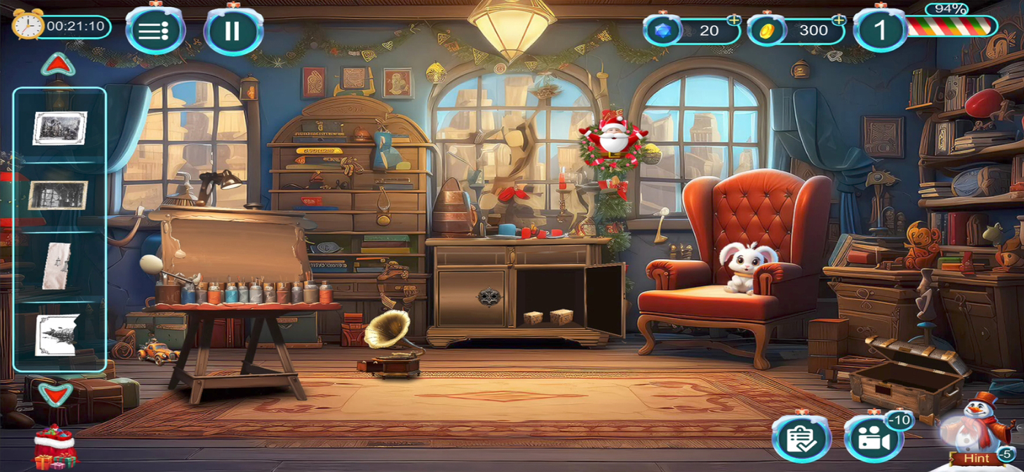 Cozy festive room with a red armchair and painting easel in Christmas Game Frosty World