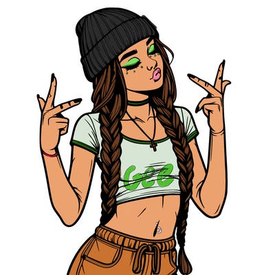 realistic teenage girl with braids and a beanie and crop top doing 🫶🏼