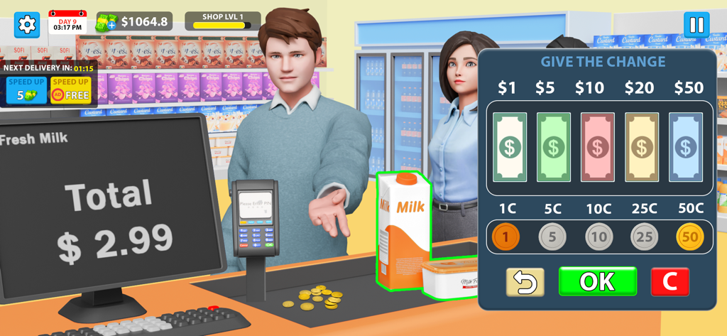 Supermarket Store Simulator 3D - Supermarket cashier simulation gameplay showing a customer at the checkout and a change giving interface