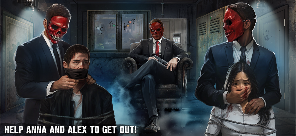 Three men wearing red skull masks holding a man and a woman captive in a dark room