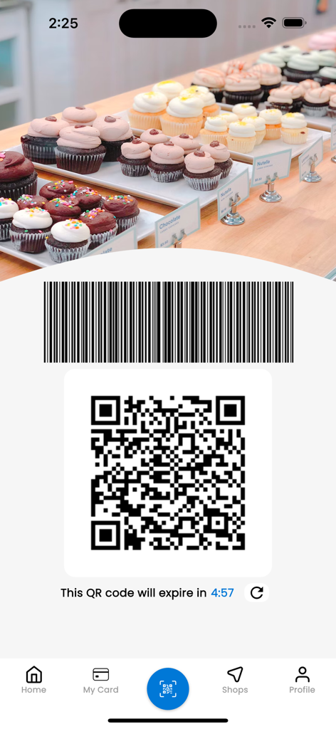 SP Bakery app interface displaying a digital loyalty card with a barcode and QR code for in-store scanning