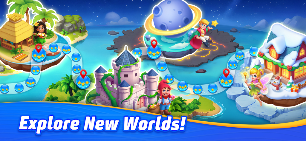 A colorful game map in Solitaire TriPeaks Journey showcasing different themed levels including tropical, space, and winter worlds.