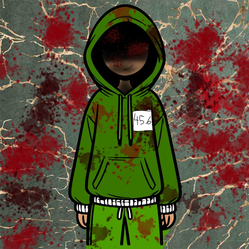 faceless girl in a tracksuit with a hood on and no hair