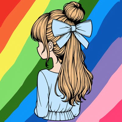 realistic girl  with hip length hair a bun and a big bow on the back of head