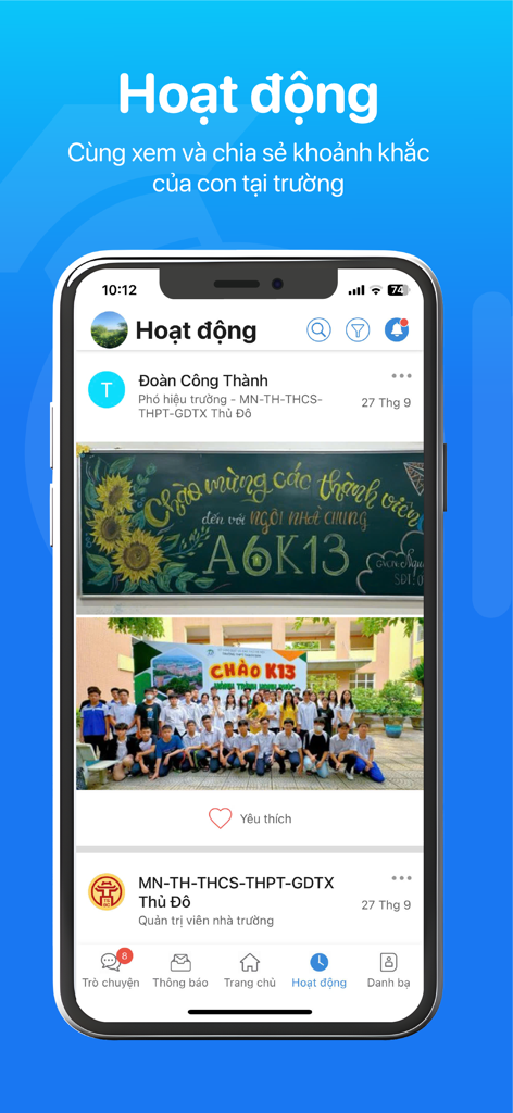eNetViet - Mobile screen of the eNetViet app displaying a social feed of school activities and class photos for parents