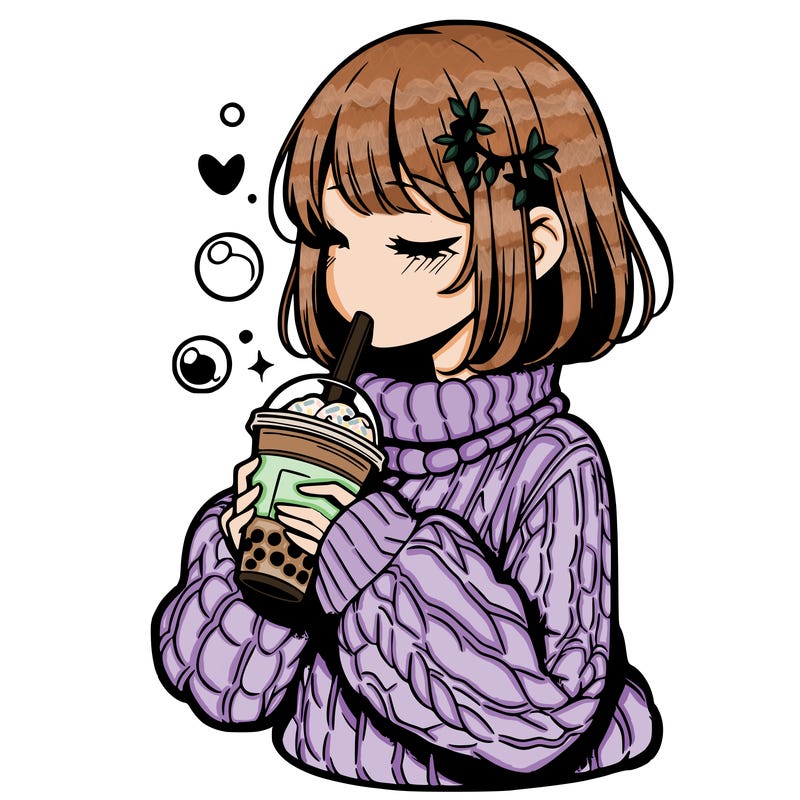 manga girl drinking boba in cozy sweater