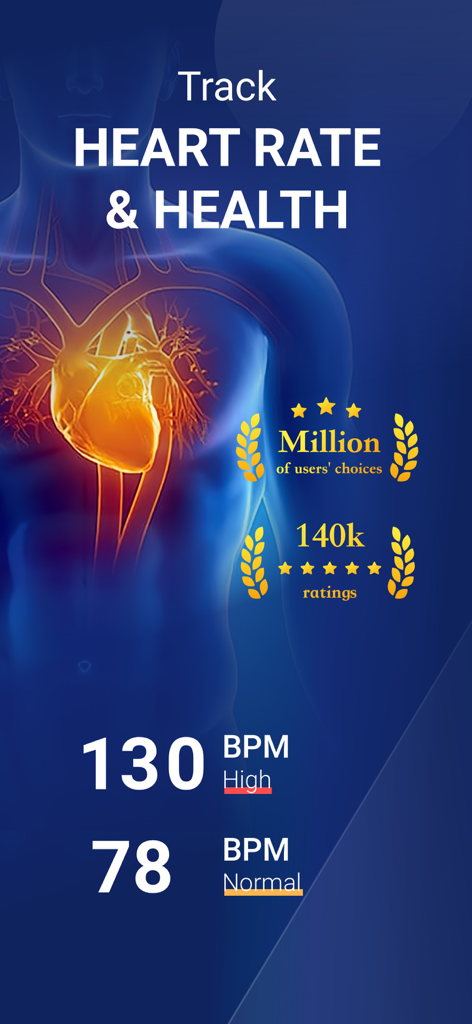 My Pulse app screen showing heart rate tracking with BPM readings and high user ratings.