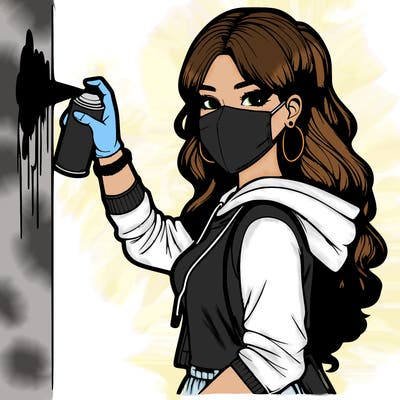 realistic girl with mask spray painting a wall