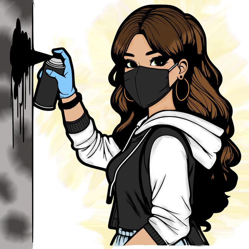 realistic girl with mask spray painting a wall