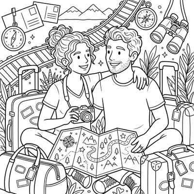 Capture the spirit of adventure with this delightful coloring page featuring a married couple on vacation. Surrounded by travel essentials, this scene perfectly embodies shared journeys and exciting discoveries.