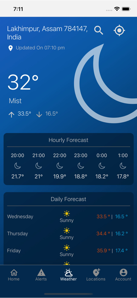Weather forecast screen in the SACHET app showing hourly and daily updates for Lakhimpur Assam India.