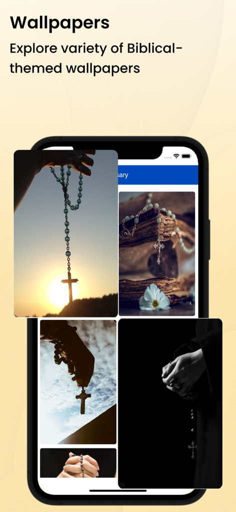 A collection of biblical themed wallpapers on a mobile phone including images of crosses rosaries and hands in prayer